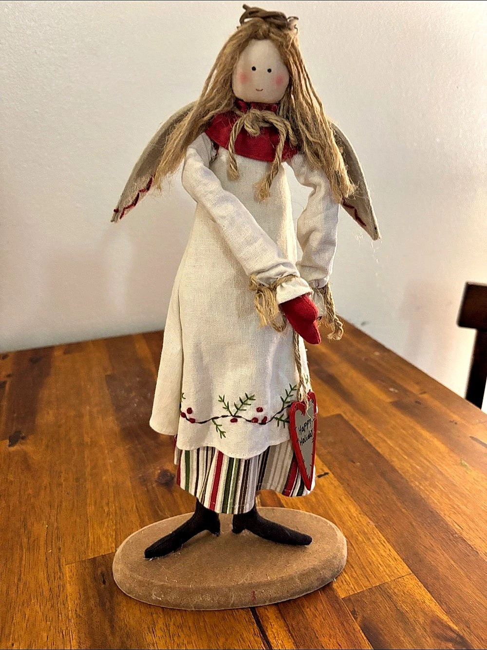 Handmade Primitive Folk Art Cloth Angel Country String Hair Red Accent Wood Base